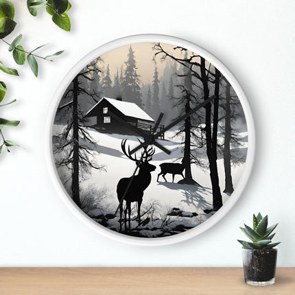 HUNTING CABIN Wall Clock - Winter Deer Scene Rustic Lodge Decor