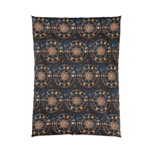 Wheel of the Year Comforter, Wiccan Sun and Moon Astronomy Lunar Galaxy Blanket, Night Sky Pagan Phase Bed Cover, Starry Good Witch Gift