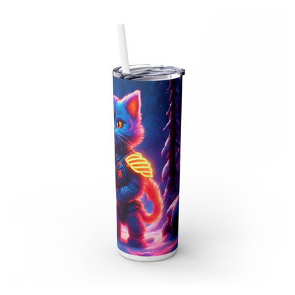 COSMIC NEON WARRIOR CAT Skinny Tumbler - Pink Glowing Sword Snow Kitten Cup
