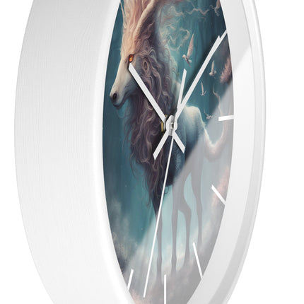 Majestic Myths Art Clock | Floral Flower Forest Horned Horse Wall Hanging | Mystical Maned Goat Fantasy Home Office Decor Gift