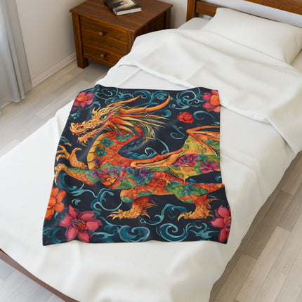JAPANESE HORNED FLORAL DRAGON  Blanket - Traditional Asian Mythical Beast Plush Throw