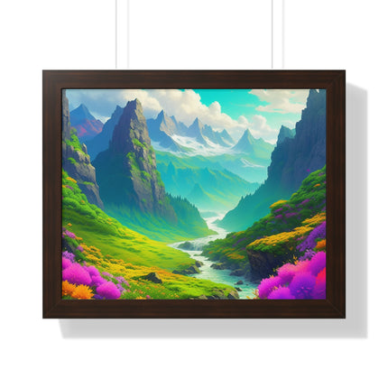 Fantasy Art Flower Mountain Valley, Landscape Framed Poster, Video Game Open World Scene Picture, River Spring Wall Hanging, Office Scenery