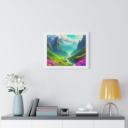 Fantasy Art Flower Mountain Valley, Landscape Framed Poster, Video Game Open World Scene Picture, River Spring Wall Hanging, Office Scenery
