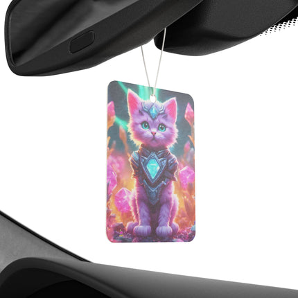 Neon Violet Pink Fur Warrior Cat Car Air Freshener, Crystal Gem Field Feline Scented Gift, Armored Cosmic Furry Kitten Truck Auto Accessory