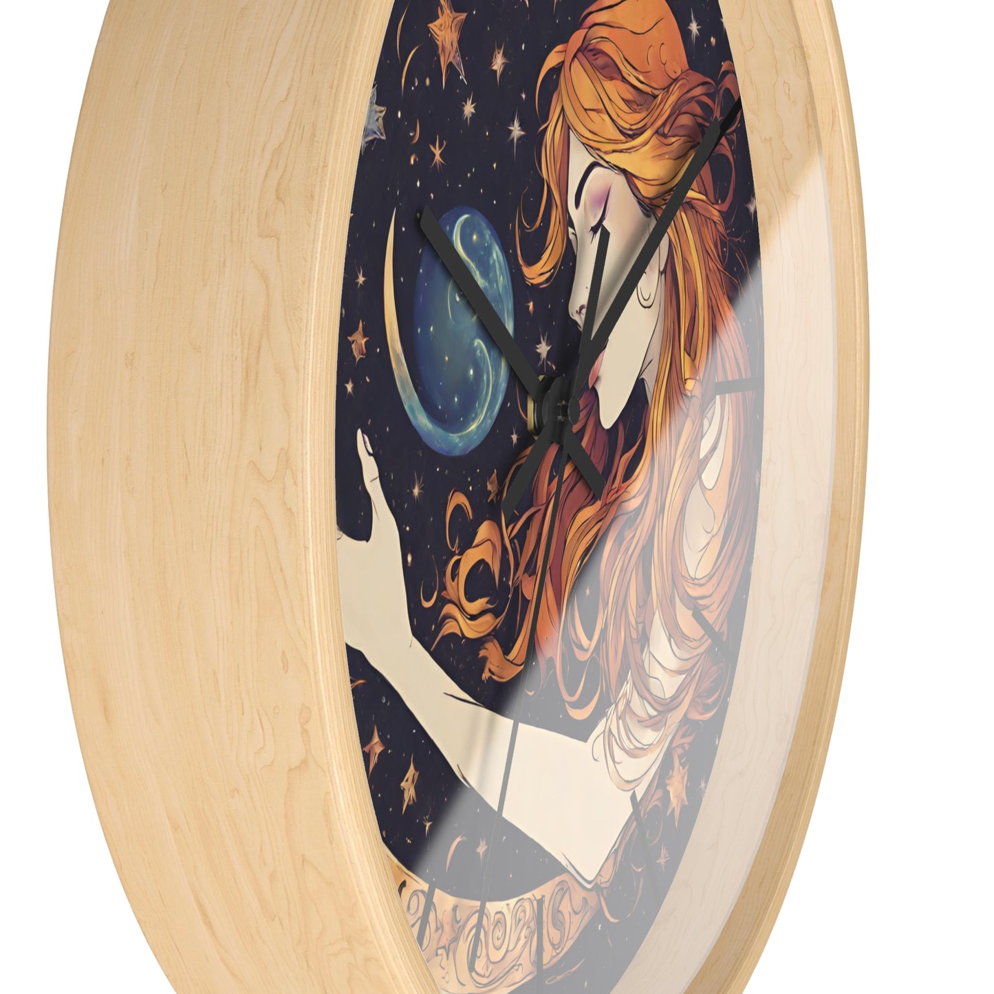 Moon Shaping Goddess Wall Art Clock | Lunar Stars & Space Astronomy Wall Hanging | Woman Morphing Home Office Solar System Wall Decor Gift