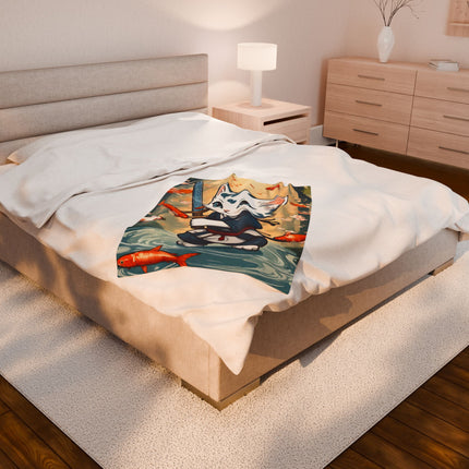 SAMURAI WARRIOR CAT Blanket - Floating Koi Sword Kitten Ninja Feline Couch Throw