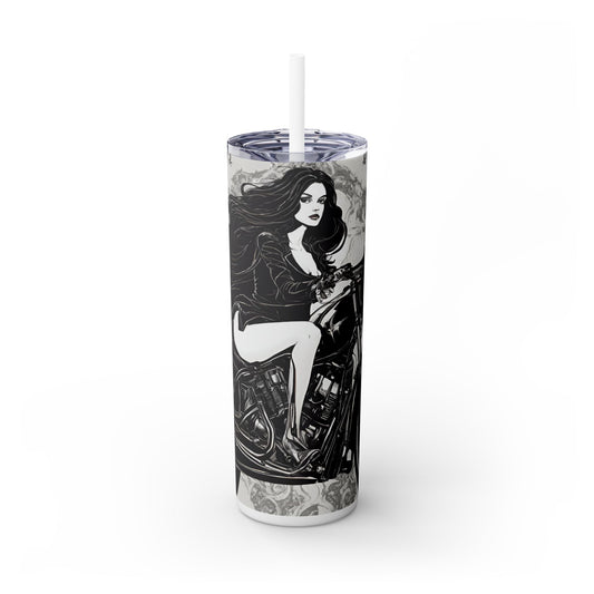 Gothic Beauty Biker Skinny Tumbler, Biker Babe Motorcycle Traveler, Leather Clad Hot or Cold Drinking Cup, Exercise Workout Beverage Holder