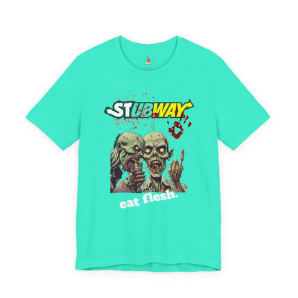 STUBWAY EAT FLESH Zombie Eating T-Shirt - Funny Subway Parody Horror Tee