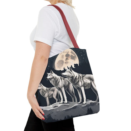 Moon Wolves Tote | Night Sky Mountain Wolf Pack Grocery Bag | Laptop & Book Carrier | Home Office Wooded Wild Dogs Travel Overnight Gift
