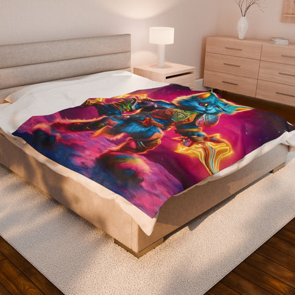 Rainbow Neon Warrior Cat Blanket, Glowing Feline Couch Throw, Armored Fighter Kitten Bed Cover, Awesome Kid or Adult Gift Bedroom Cover