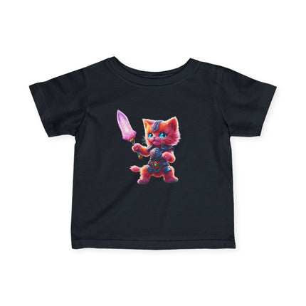Warrior Cat Infant Gift Shirt, Glowing Sword Orange Kitten Tee, Cute Armor Kitty Short Sleeve Baby Tshirt