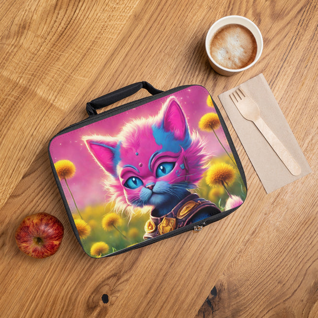 Neon Pink Warrior Cat Lunch Bag Box, Girls Lush Dandelion Flower Field Feline School Tote, Armored Cosmic Furry Kitten Insulated Bag