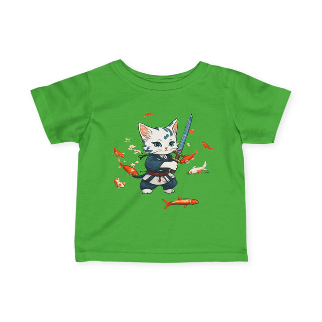 Samurai Kitten Infant Gift Shirt, Warrior Cat Japanese Koi Fish Tee, Cute Kitty Floating Mystical Fish Short Sleeve Baby Tshirt