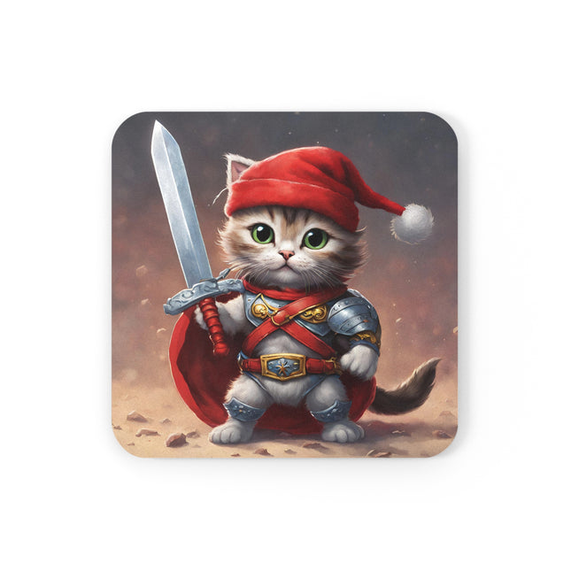 Christmas Drink Coaster Kitten Drink Holder Santa Warrior Kitten Snow Sled Cat Lover Cork Coaster
