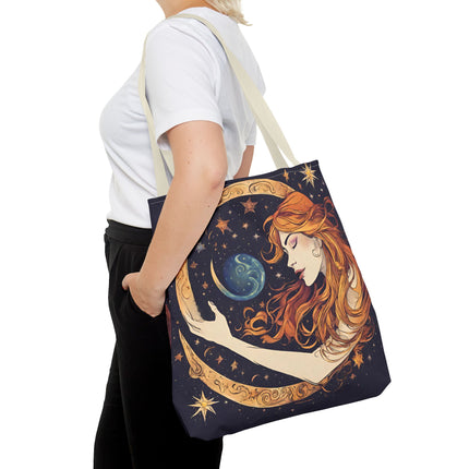 Moon Shaping Goddess Tote | Lunar Stars & Space Astronomy Grocery Bag | Woman Morphing Home Office Laptop Clothing Travel Overnight Gift