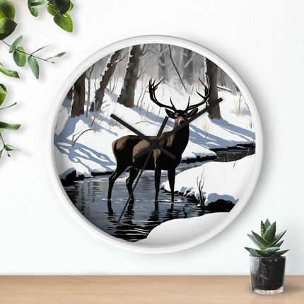Deer Hunter Wall Art Clock | Winter Creek Big Buck Wall Hanging | Snowy Nature Scenic Home Office Hunting Lovers Gift