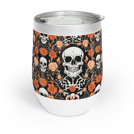 SKULL AND FLOWERS Wine Tumbler - Bone Flower Garden Pattern Wine Cooler