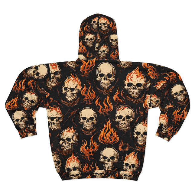 Fire Flames and Skulls Mens or Womens Jacket Hoodie, Hellish Skeletons Biker or Motorcyclist Winter Fleece (AOP)