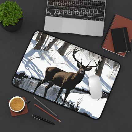 Deer Hunter Desktop Mat | Winter Creek Big Buck Art Work Space | Snowy Nature Scene Mouse Pad Mat | Hunting Lovers Home Office Gift