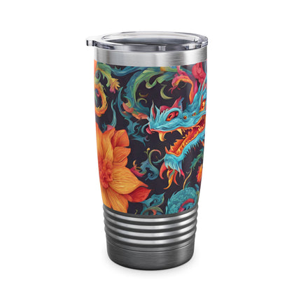 Dragon Tumbler | Japanese Flower Pattern Drink Companion | Floral Japan Insulated Travel Mug | Exercise Office College Road Trip Coffee Gift