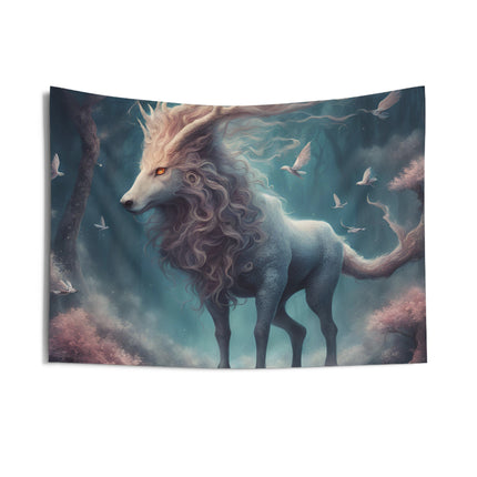 Majestic Myths Wall Art Decor | Horned Goat Horse Tapestry | Floral Bird Forest Fantasy Game Room Hanging | Mythological Bed Room Gift