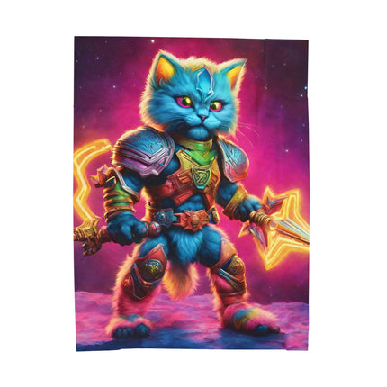 Rainbow Neon Warrior Cat Blanket, Glowing Feline Couch Throw, Armored Fighter Kitten Bed Cover, Awesome Kid or Adult Gift Bedroom Cover