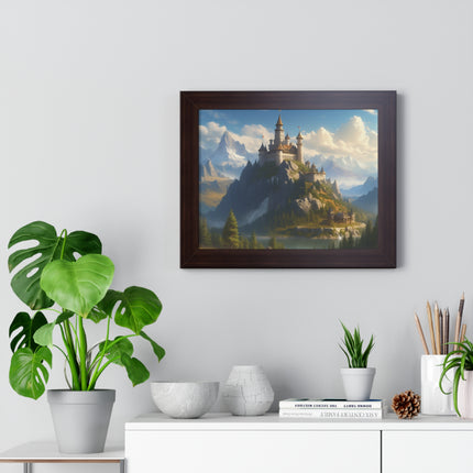 Video Game Fantasy Castle, RPG Valley Framed Poster, Mountain Nature Scene Picture, Open World Style Wall Hanging, Gamer Office Scenery