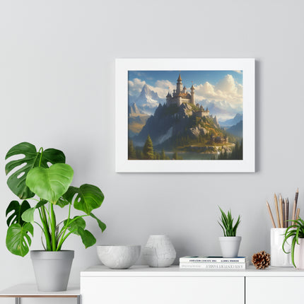 Video Game Fantasy Castle, RPG Valley Framed Poster, Mountain Nature Scene Picture, Open World Style Wall Hanging, Gamer Office Scenery