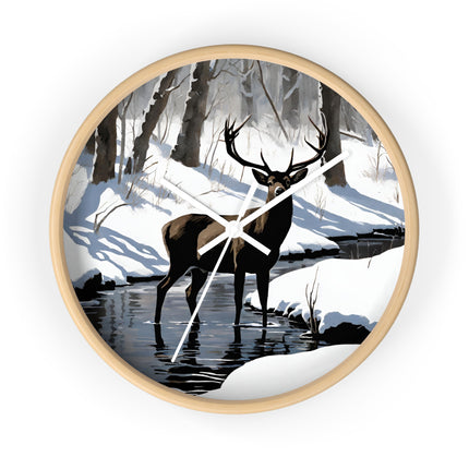 Deer Hunter Wall Art Clock | Winter Creek Big Buck Wall Hanging | Snowy Nature Scenic Home Office Hunting Lovers Gift