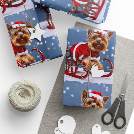 Dog Christmas Wrapping Paper Yorkshire Terrier, Santa Suit and Sled Yorkie Gift Wrap, Holiday Gift Wrap Roll