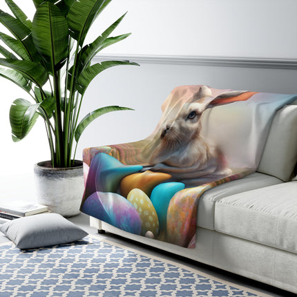 Easter Gift, Bunny Blanket, Fantasy Art, Rabbit Cover, Colored Egg Fleece, Flower Field, Warm Throw, Peter Cottontail, Warm Cozy Sherpa