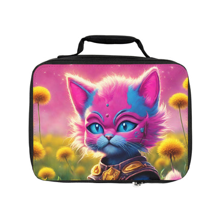 Neon Pink Warrior Cat Lunch Bag Box, Girls Lush Dandelion Flower Field Feline School Tote, Armored Cosmic Furry Kitten Insulated Bag