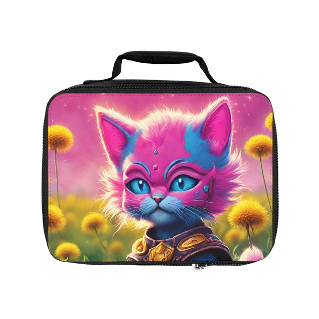 Neon Pink Warrior Cat Lunch Bag Box, Girls Lush Dandelion Flower Field Feline School Tote, Armored Cosmic Furry Kitten Insulated Bag