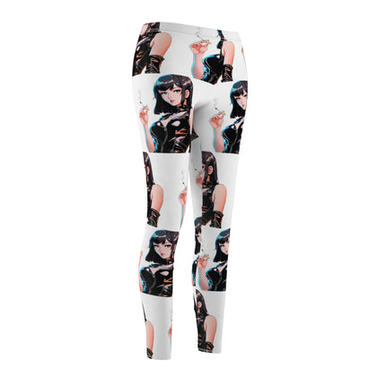 Cigarette Smoking Anime Girl Leggings, Black Tight Leather Outfit Sexy Cute Elastic Pants, Japan Cartoon Secret Agent Style Womens Bottoms