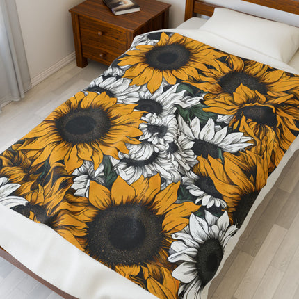 Sunflower Pattern Blanket, Spring or Summer Couch Plush Throw, Yellow and White Flower Bed Cover, Country Home Warm Bedroom Cozy Sheet