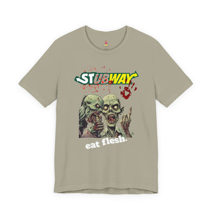 STUBWAY EAT FLESH Zombie Eating T-Shirt - Funny Subway Parody Horror Tee