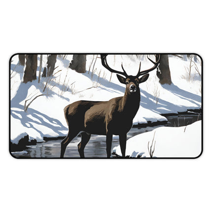 Deer Hunter Desktop Mat | Winter Creek Big Buck Art Work Space | Snowy Nature Scene Mouse Pad Mat | Hunting Lovers Home Office Gift