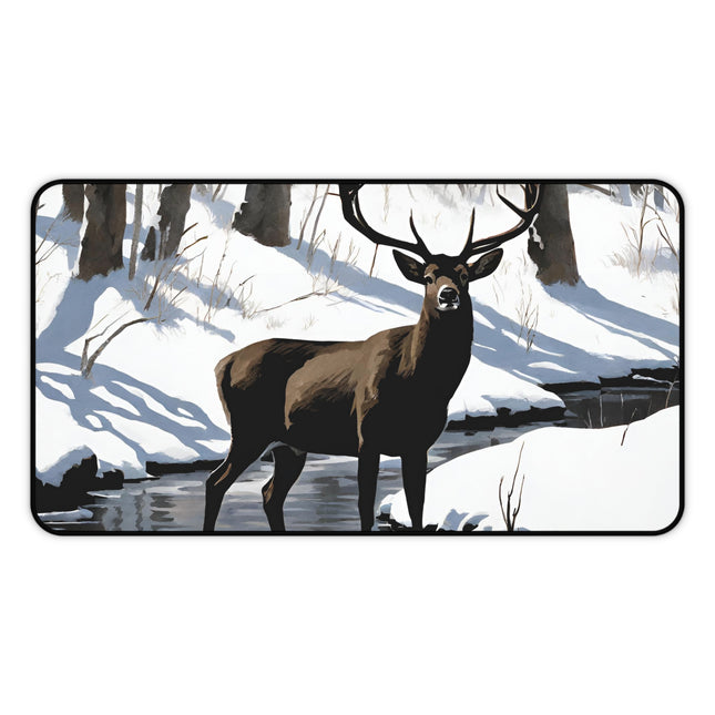 Deer Hunter Desktop Mat | Winter Creek Big Buck Art Work Space | Snowy Nature Scene Mouse Pad Mat | Hunting Lovers Home Office Gift