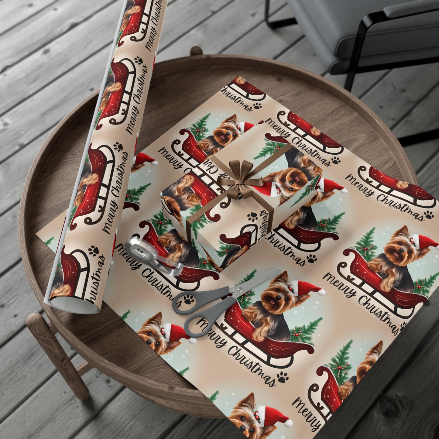 Dog Christmas Wrapping Paper, Yorkshire Terrier Sled Xmas Wrap, Santa Hat Yorkie Gift Wrap, Holiday Gift Wrap Roll