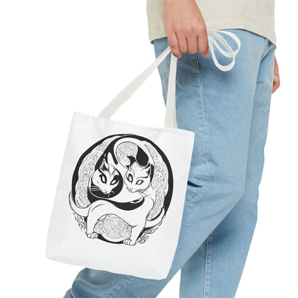 Cat Lovers Tote | Cats Yin Yang Style Grocery Bag | MEOW Chinese Print 2 Sided Office Carry All | School Supplies Kitten Carrier Tote