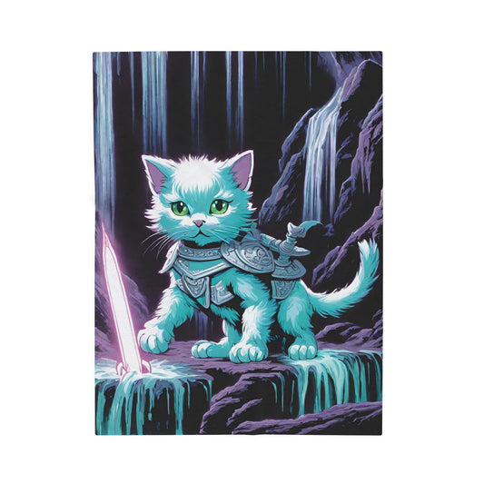 Warrior Cat Blanket, Waterfall Cat Plush Throw Blanket, Neon Sword Seeker, Armored Kitty Bed Cover, Glowing Cave Bedroom Twin Cover