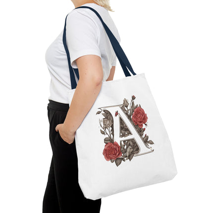 Custom Letter Personalized Tote | Rose Flowered Grocery Travel Bag | Floral Print Roses Office Laptop & Books or Exercise Overnight Carrier