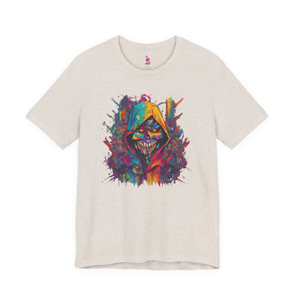 EVIL HOODED SKELETON Abstract Splash Graffiti T-Shirt - Cartoon Street Art Tee