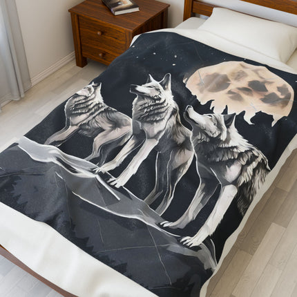 Moon Wolves Blanket | Night Sky Mountain Wolf Pack Bed Throw | Starry Dark Full Lunar Gift | Wooded Wild Dogs Bedroom Light Warm Comforter