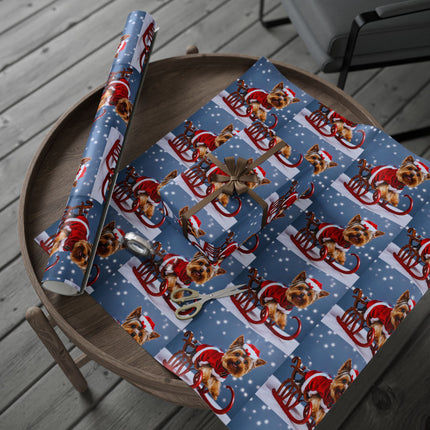 Dog Christmas Wrapping Paper Yorkshire Terrier, Santa Suit and Sled Yorkie Gift Wrap, Holiday Gift Wrap Roll