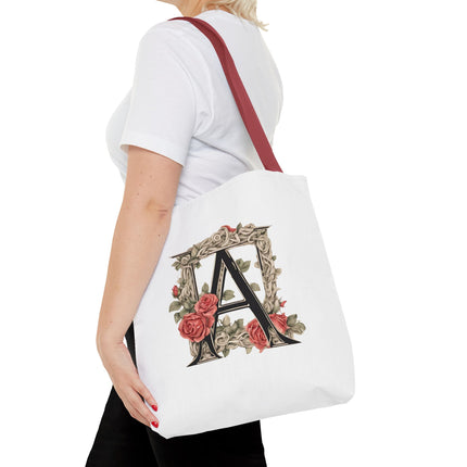 Custom Letter Personalized Tote | Rose Flowered Grocery Travel Bag | Floral Print Roses Office Laptop & Books or Exercise Overnight Carrier