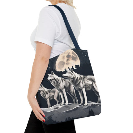 Moon Wolves Tote | Night Sky Mountain Wolf Pack Grocery Bag | Laptop & Book Carrier | Home Office Wooded Wild Dogs Travel Overnight Gift