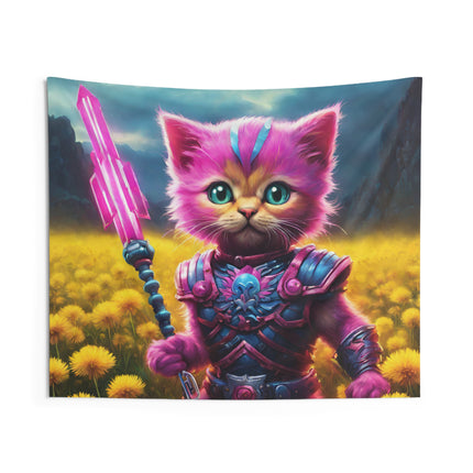 Warrior Cat Dandelion Art Tapestry, Pink Armored Kitten Neon Spear Wall Hanging, Yellow Flower Field Mystical Bed & Game Room Gift