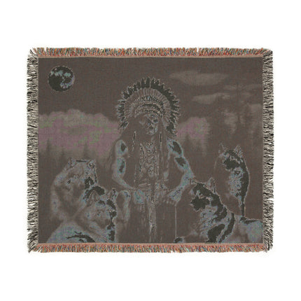 MOONLIGHT WOLF INDIAN CHIEF Woven Blanket - Native American Folk Art Heirloom Throw