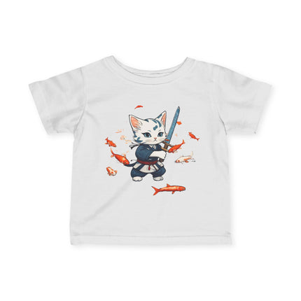 Samurai Kitten Infant Gift Shirt, Warrior Cat Japanese Koi Fish Tee, Cute Kitty Floating Mystical Fish Short Sleeve Baby Tshirt
